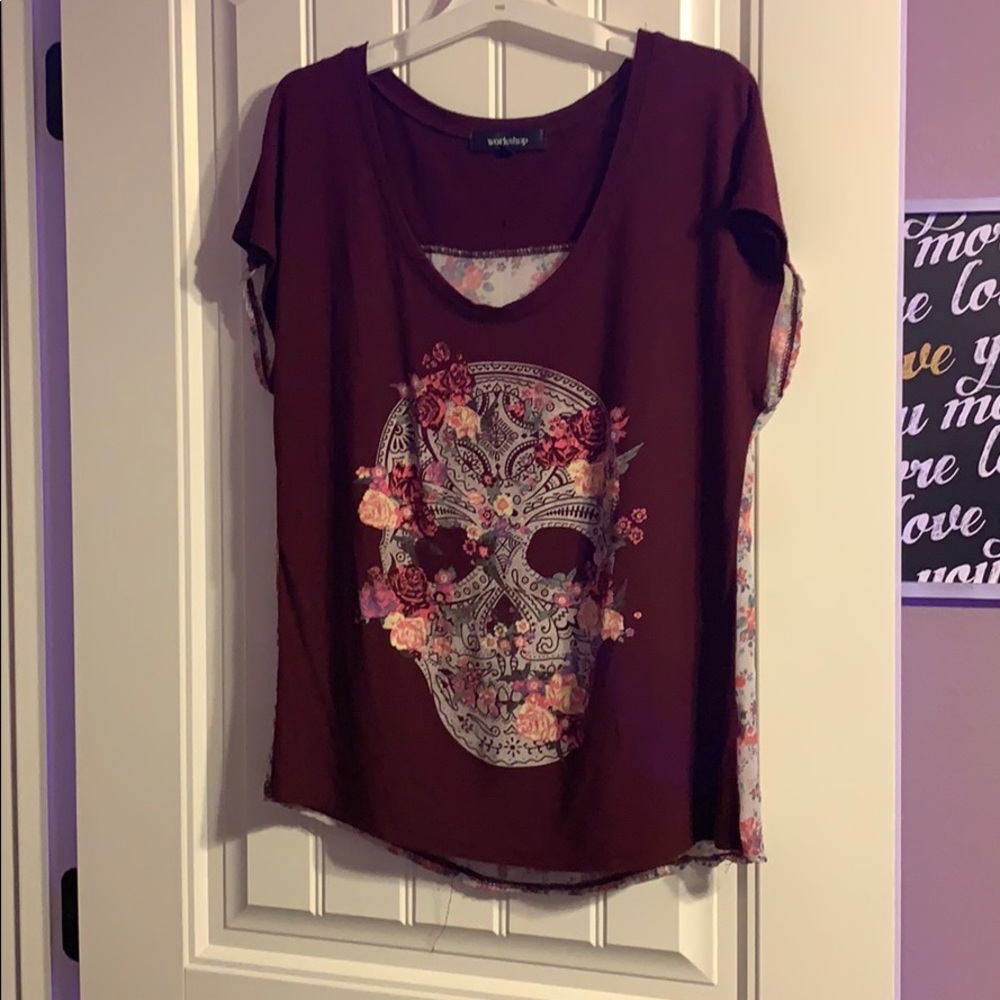 Floral and maroon skull shirt